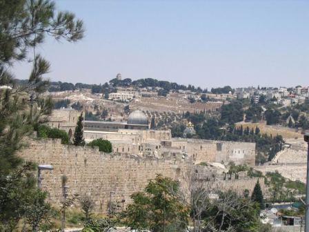 Al-Aksa mosque; view from outside the old city wall. Mount of Olives in the background.